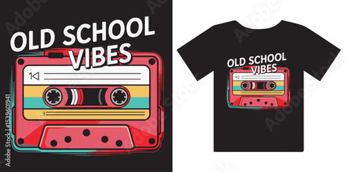 T shirt design of Retro Pink Cassette Tape with "Old School Vibes" - Vintage 80s 90s Music Design


