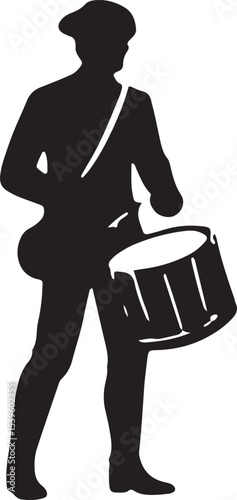 Black silhouette of a drummer boy with a drum, standing tall, great for revolutionary war or musical American history themes