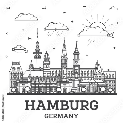 Outline Hamburg Germany city skyline with modern and historic buildings isolated on white. Hamburg cityscape with landmarks.