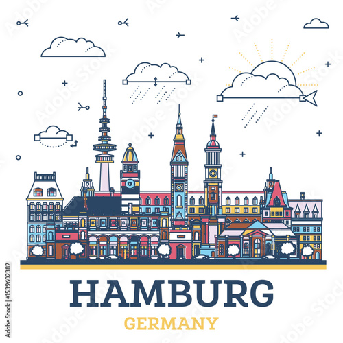 Outline Hamburg Germany city skyline with colored modern and historic buildings isolated on white. Hamburg cityscape with landmarks.