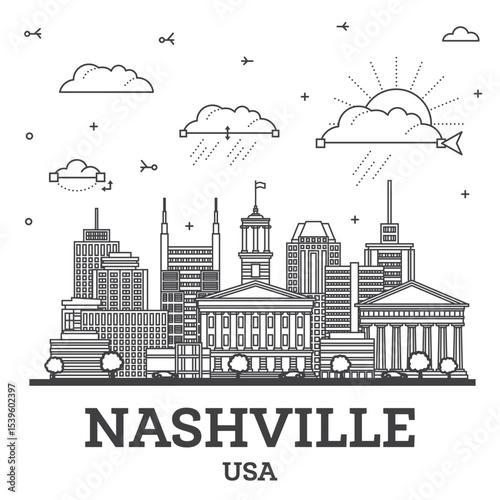 Outline Nashville USA city skyline with modern and historic buildings isolated on white. Nashville cityscape with landmarks.