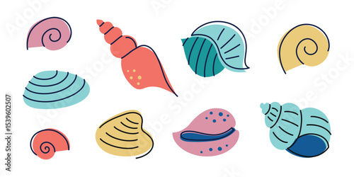 Vector illustration set of colorful sea shells in doodle cartoon style. Marine seashell icons collection for summer decorations, beach design, ocean patterns, seaside souvenirs, childrens books