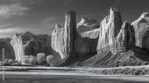 Monochrome Majesty: Towering Sandstone Formations in the Desert