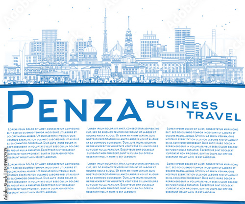 Outline Penza Russia city skyline with blue buildings and copy space. Penza cityscape with landmarks. Business travel and tourism concept with modern and historic architecture.