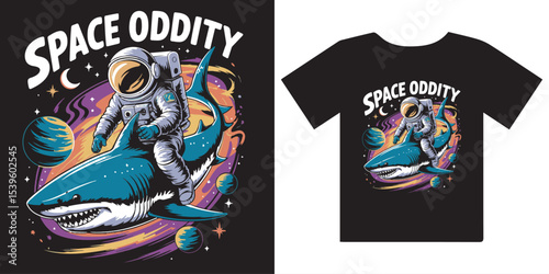 T shirt design of Astronaut Riding a Shark in Space - "Space Oddity" Surreal Cosmic Design