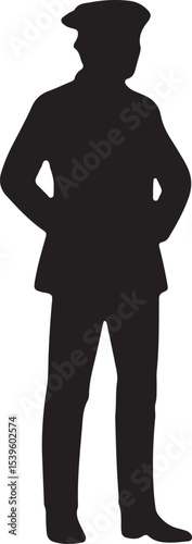 Black silhouette of a man in a tricorn hat, standing with hands behind, perfect for colonial American history or vintage design projects