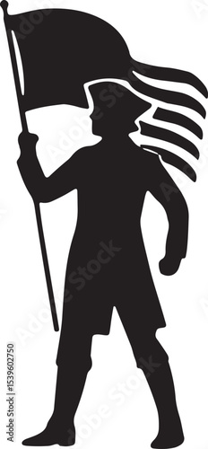 Black silhouette of a revolutionary soldier holding an American flag, standing proudly in a historical uniform, ideal for patriotic or war-themed designs