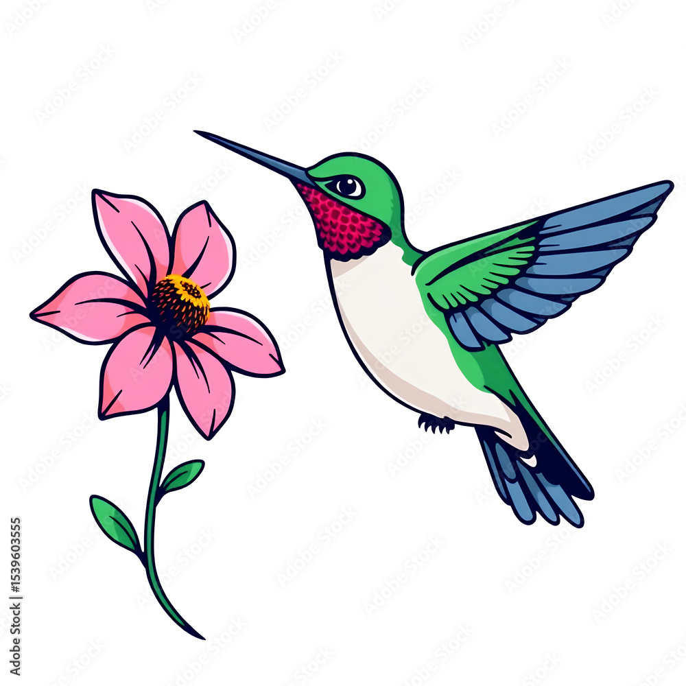 Obraz premium Hummingbird Flower Illustration Vintage Style Graphic