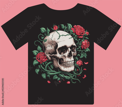 T shirt design of Human Skull Entwined with Red Roses and Thorns - Gothic Macabre Floral Design

