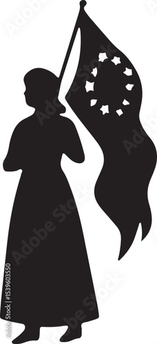 Black silhouette of a woman in a long dress holding a flag, symbolizing patriotism, perfect for American history or feminine design themes