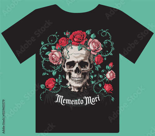 T shirt design of Human Skull Entwined with Red Roses and Thorns - Gothic Macabre Floral Design

