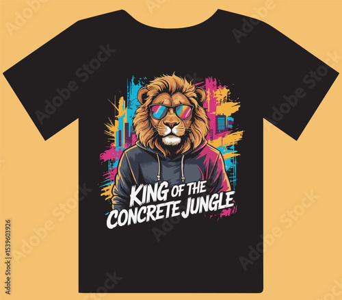 T shirt design of Cool Lion in Sunglasses and Hoodie - "King of the Concrete Jungle" Urban Design

