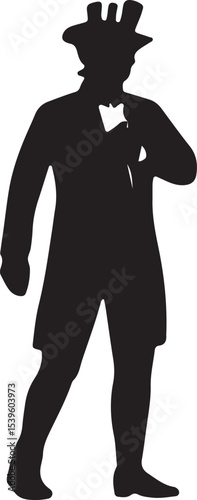 Black silhouette of a gentleman in a long coat and hat, standing tall, ideal for historical American or aristocratic design themes