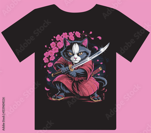 T shirt design of  Japanese Samurai Cat with Katana and Cherry Blossoms - Warrior Feline Illustration

