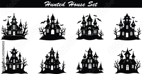 Set of 8 Halloween hunted house silhouette vector illustration bundle collection on transparent background