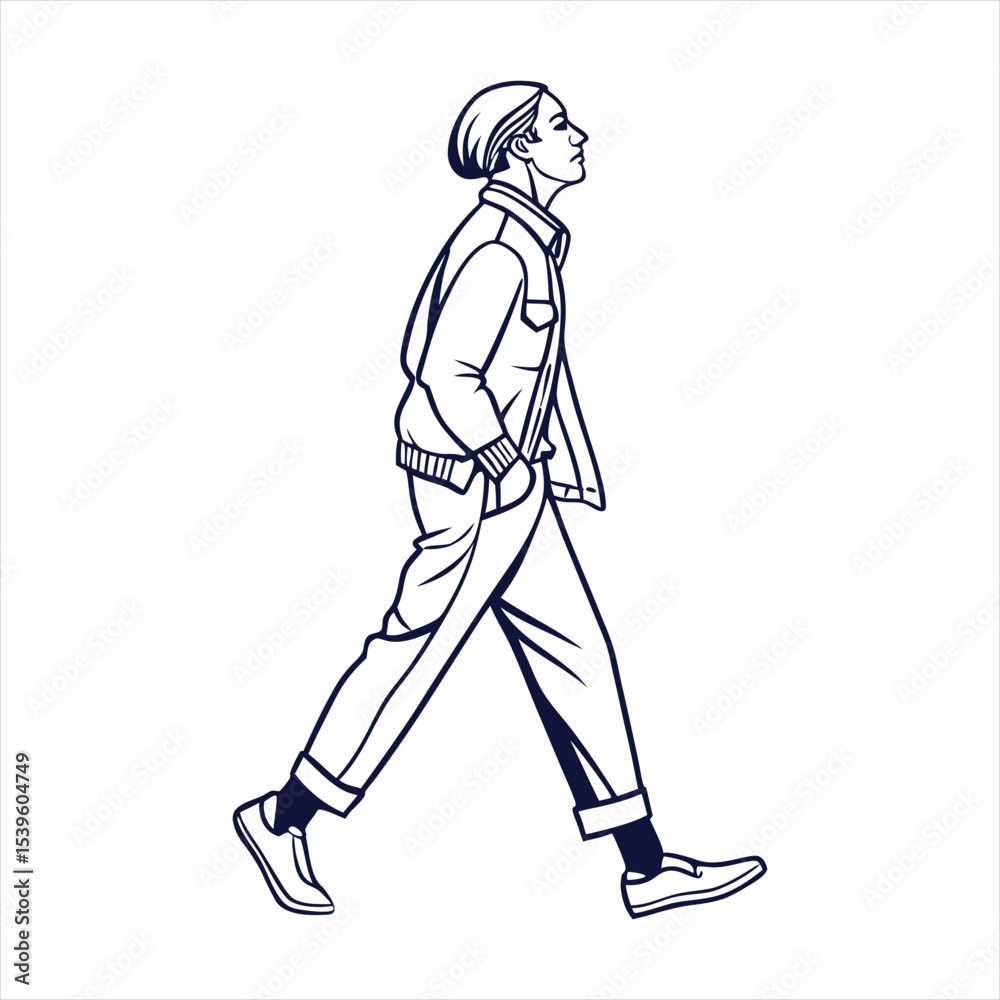 Fototapeta premium A vector silhouette design of a stylish figure walking, white background.