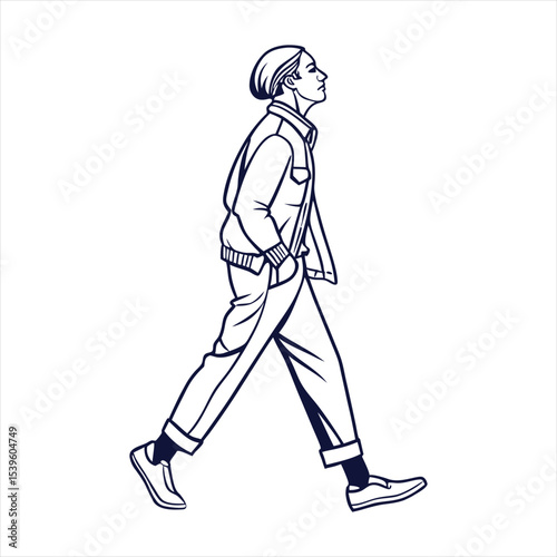 A vector silhouette design of a stylish figure walking, white background.