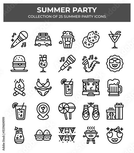 Summer Party Icons. A vibrant collection of 25 summer party icons