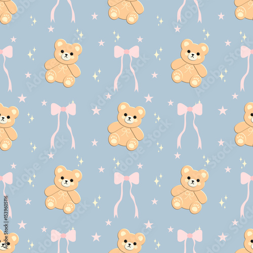 Bear, bow, star on blue background, fabric pattern, gift wrapping paper , seamless pattern 