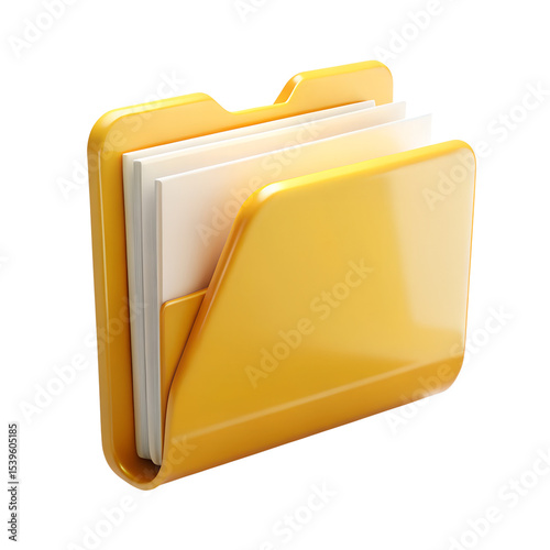 Yellow file folder with documents isolated on transparent background