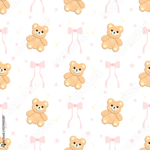 Bear, bow, star on white background, fabric pattern, gift wrapping paper , seamless pattern 