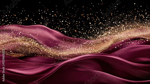 Rich Burgundy Silk Drapes With Waves of Sparkling Golden Glitter