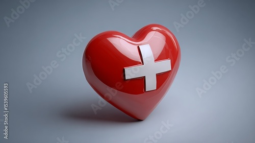3D red heart with white cross symbol representing healthcare, emergency aid, and medical support, isolated on white background as a cartoon vector for wellness and health-related concepts.