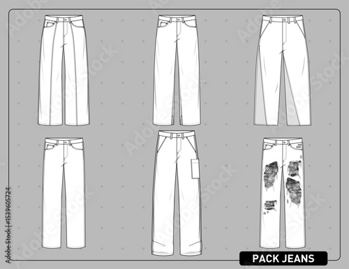 Jeans pack, Streetwear Clothing Vector Mockup Pack Techpack, Mockups Clothing Fashion Design