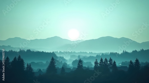 Peaceful Turquoise Morning Over Hills and Pine Forest Silhouettes