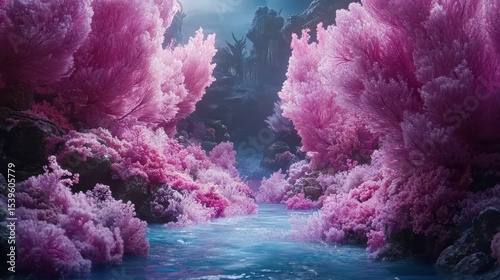 Dreamlike Pink Coral Forest with Tranquil Blue Stream in Fantasy Underwater Scene