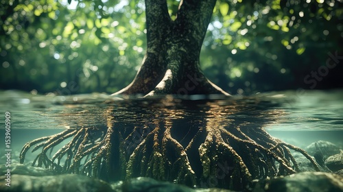 Mangrove roots in brackish water with organic tangle shallow clarity and eco-tone ideal for nature or habitat visuals