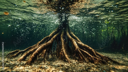 Mangrove roots in brackish water with organic tangle shallow clarity and eco-tone ideal for nature or habitat visuals