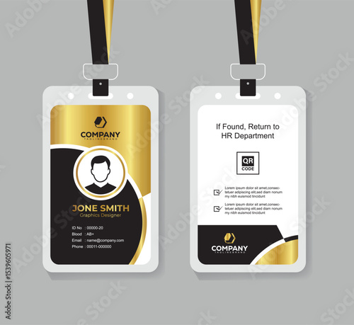 Premium Black and Gold ID Card Template with QR Code for Corporate Employees and Staff Identity