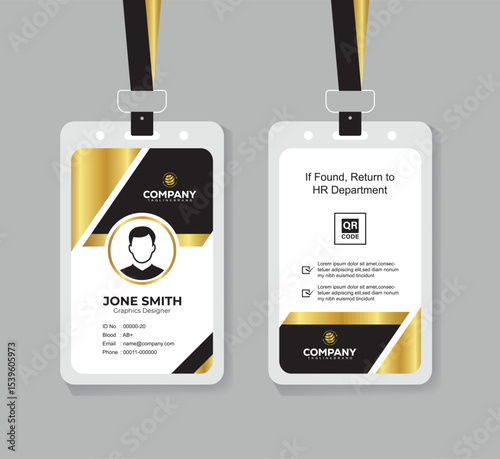 Premium Black and Gold ID Card Template with QR Code for Corporate Employees and Staff Identity