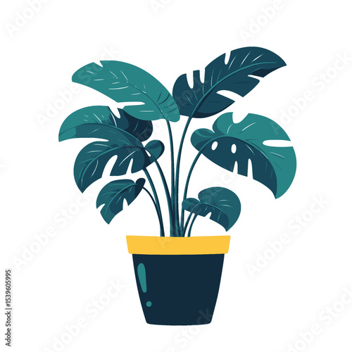 Monstera houseplant in yellow flowerpot, Colorful illustration of a Monstera plant with large split leaves in a bright yellow pot, ideal for home decor or botanical themes.

