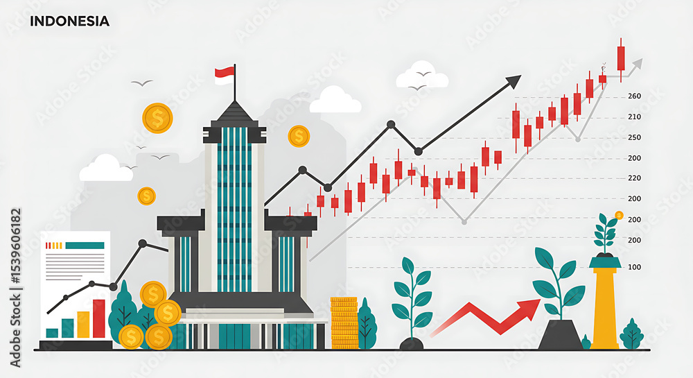 Naklejka premium Illustration showing the Indonesian economy rising, represented by a building, charts, arrows, and plant growth.
