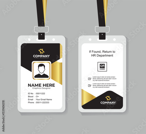 Premium Black and Gold ID Card Template with QR Code for Corporate Employees and Staff Identity
