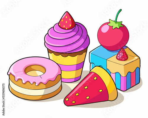 Cartoon sweets collection cupcake donut cake and strawberry