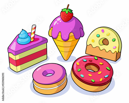 Assorted colorful cartoon sweets and treats
