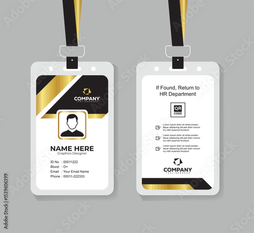 Premium Black and Gold ID Card Template with QR Code for Corporate Employees and Staff Identity
