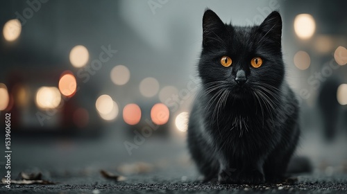 Black Cat with Glowing Eyes in Fog/霧の中の輝く目の黒猫2