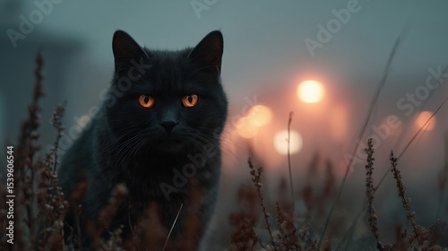 Black Cat with Glowing Eyes in Fog/霧の中の輝く目の黒猫3