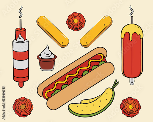 Hot dog and fast food illustration set