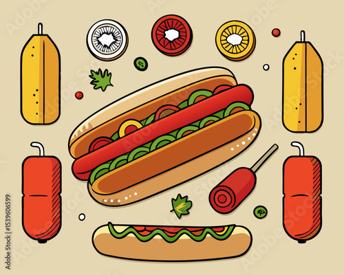 Hot dog with toppings and condiments illustration