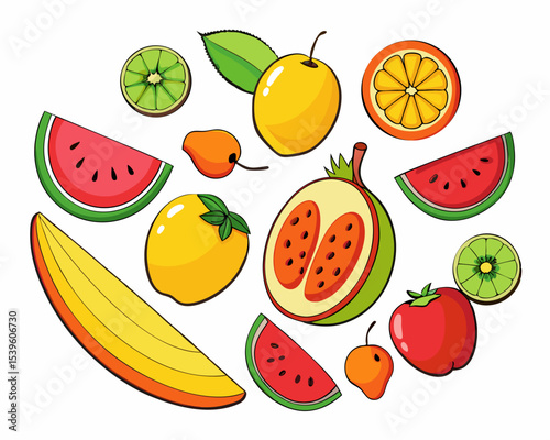 Assorted fresh fruit slices and whole fruits