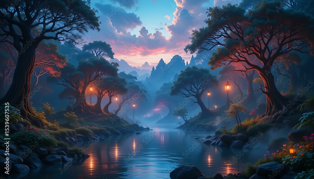 Fototapeta premium Fantasy Forest River Landscape at Sunset with Glowing Lanterns and Misty Mountains – Enchanted Nature Background for Wallpapers, Storybooks, and Digital Art Projects