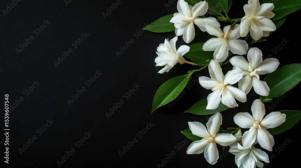 Obraz premium Minimalist setup with Thai flower garland, white blooms on black surface, premium background, floral still life for elegant product design and gift concept