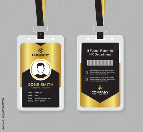Modern Black and Gold Office ID Card Design with QR Code for Company Staff and Employee
