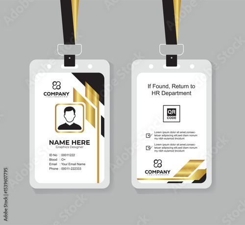 Modern Black and Gold Office ID Card Design with QR Code for Company Staff and Employee