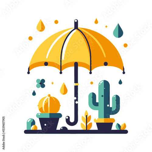 This image, showing an umbrella sheltering cacti from raindrops, is ideal for websites and blogs discussing weather, climate paradoxes, desert ecosystems, water conservation, or unexpected situations.
